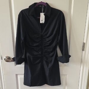 Mango Black Pinstriped Long Sleeve Dress
